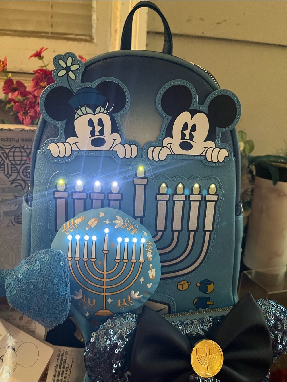 Disney Blue Mickey & Minnie Hanukkah Light-Up Mini Backpack